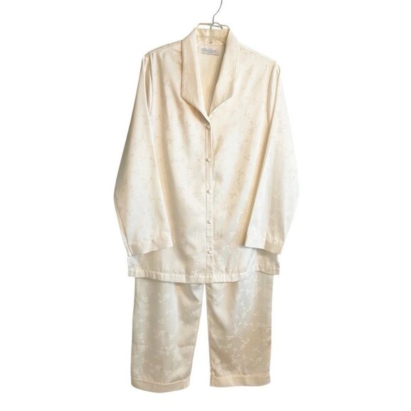VTG  Erika Taylor Ivory Satin Pajama Set 2-Piece M Jacquard Floral Top & Pants - Picture 1 of 9